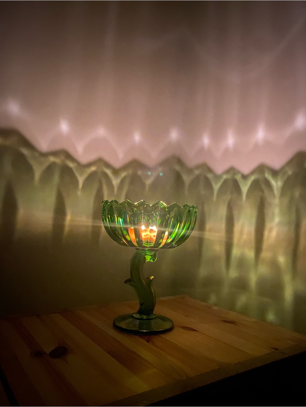 Vintage Indian Glass Co Lotus Blossom Compote  Iridescent Green candle holder